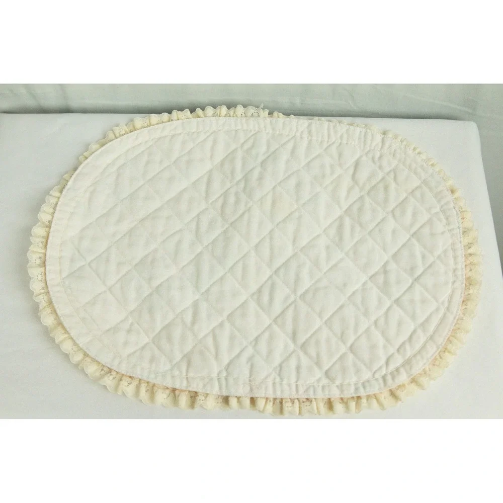 Vintage Floral Quilted Oval Placemat Cream Pastel Pink Yellow Lace Ruffle Trim